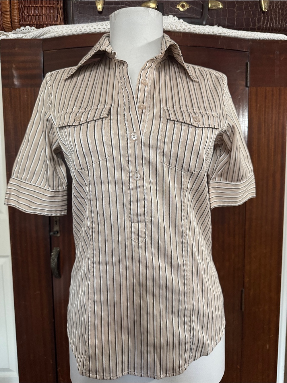 New York & Company Beige and Black Striped Button Polo